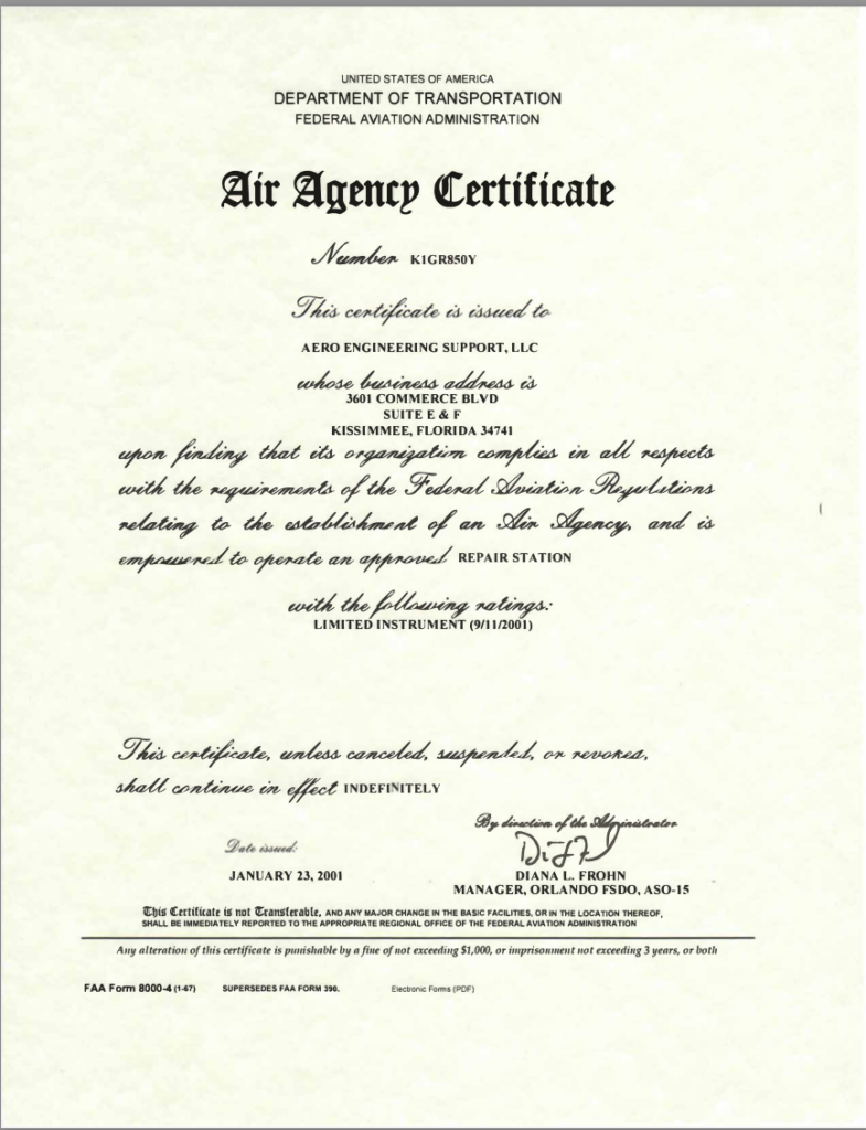 AESG, FAA CERTIFICATE